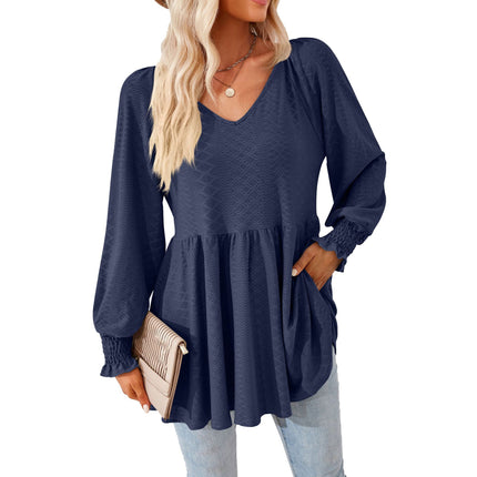 Ruffle Solid Color Splicing V-Neck Jacquard Women's Tops Comfortable Sweatshirt Long Sleeve Loose T Shirt Trendy Solid Color Tops