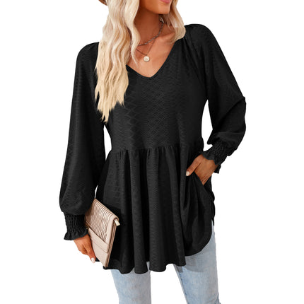 Ruffle Solid Color Splicing V-Neck Jacquard Women's Tops Comfortable Sweatshirt Long Sleeve Loose T Shirt Trendy Solid Color Tops