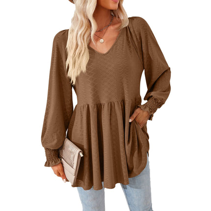 Ruffle Solid Color Splicing V-Neck Jacquard Women's Tops Comfortable Sweatshirt Long Sleeve Loose T Shirt Trendy Solid Color Tops