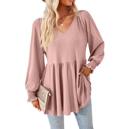 Ruffle Solid Color Splicing V-Neck Jacquard Women's Tops Comfortable Sweatshirt Long Sleeve Loose T Shirt Trendy Solid Color Tops