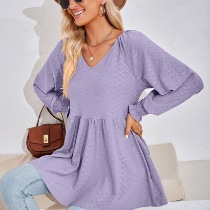 Ruffle Solid Color Splicing V-Neck Jacquard Women's Tops Comfortable Sweatshirt Long Sleeve Loose T Shirt Trendy Solid Color Tops