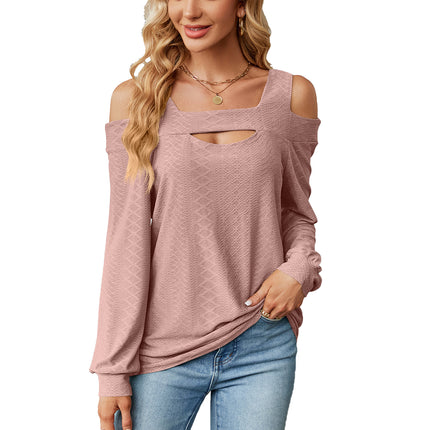 Women's Autumn and Winter Solid Color Hollow Loose Long Sleeve T Shirt Tops (Cold Shoulder) Hollow T-Shirt Tops for Women