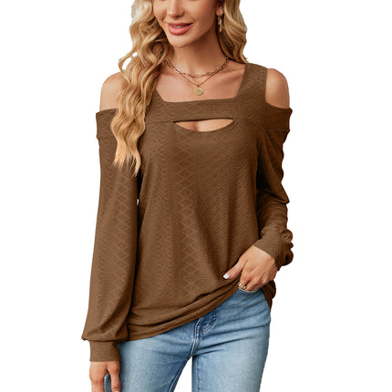 Women's Autumn and Winter Solid Color Hollow Loose Long Sleeve T Shirt Tops (Cold Shoulder) Hollow T-Shirt Tops for Women