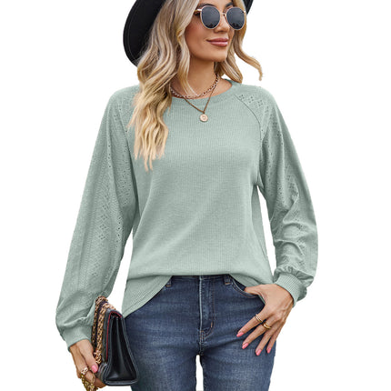 Women's casual round neck with pockets solid color T-shirt loose fashion embossed hollow long-sleeved shirt women's tops