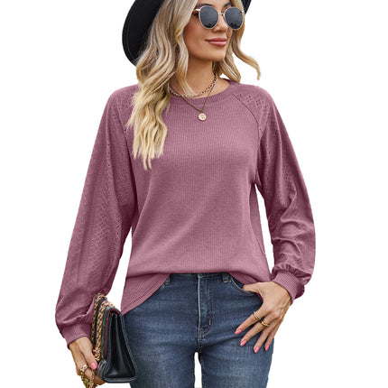 Women's casual round neck with pockets solid color T-shirt loose fashion embossed hollow long-sleeved shirt women's tops