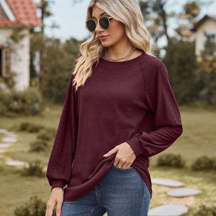 Women's casual round neck with pockets solid color T-shirt loose fashion embossed hollow long-sleeved shirt women's tops