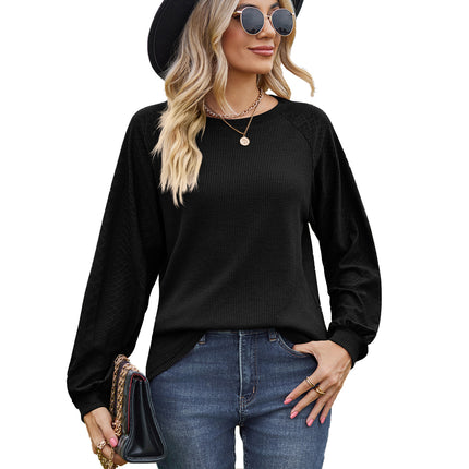 Women's casual round neck with pockets solid color T-shirt loose fashion embossed hollow long-sleeved shirt women's tops