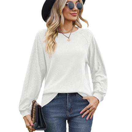 Women's casual round neck with pockets solid color T-shirt loose fashion embossed hollow long-sleeved shirt women's tops