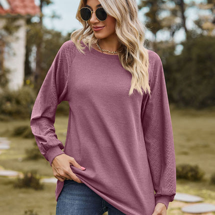 Women's casual round neck with pockets solid color T-shirt loose fashion embossed hollow long-sleeved shirt women's tops