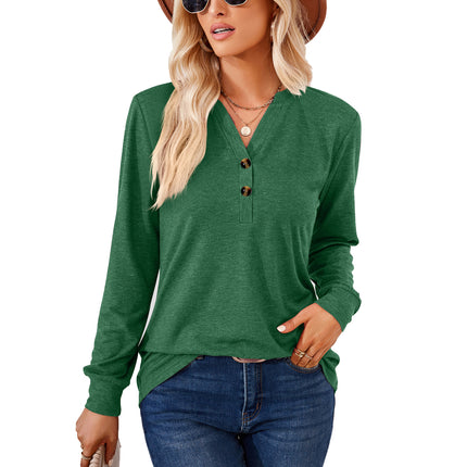 Women's Casual V-Neck T Shirts Long Sleeve Solid Color Pullover Loose Fit Tops Autumn Button Sweatshirt Blouse