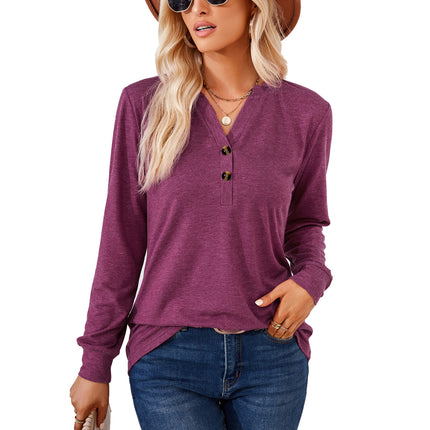 Women's Casual V-Neck T Shirts Long Sleeve Solid Color Pullover Loose Fit Tops Autumn Button Sweatshirt Blouse