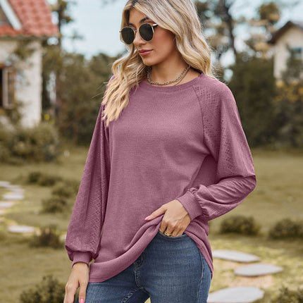 Women's casual round neck with pockets solid color T-shirt loose fashion embossed hollow long-sleeved shirt women's tops