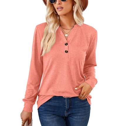 Women's Casual V-Neck T Shirts Long Sleeve Solid Color Pullover Loose Fit Tops Autumn Button Sweatshirt Blouse