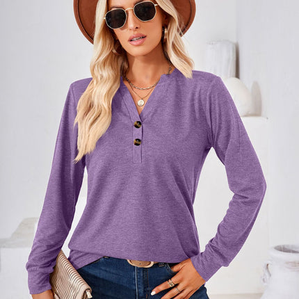 Women's Casual V-Neck T Shirts Long Sleeve Solid Color Pullover Loose Fit Tops Autumn Button Sweatshirt Blouse