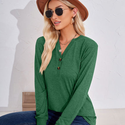 Women's Casual V-Neck T Shirts Long Sleeve Solid Color Pullover Loose Fit Tops Autumn Button Sweatshirt Blouse