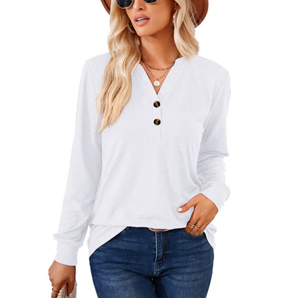 Women's Casual V-Neck T Shirts Long Sleeve Solid Color Pullover Loose Fit Tops Autumn Button Sweatshirt Blouse