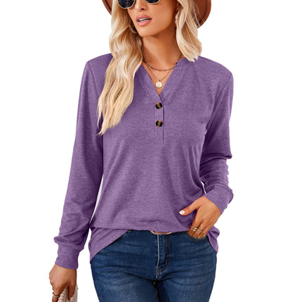 Women's Casual V-Neck T Shirts Long Sleeve Solid Color Pullover Loose Fit Tops Autumn Button Sweatshirt Blouse