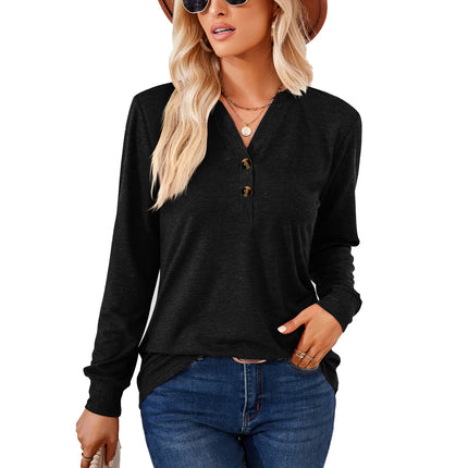 Women's Casual V-Neck T Shirts Long Sleeve Solid Color Pullover Loose Fit Tops Autumn Button Sweatshirt Blouse