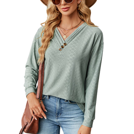 Women's Autumn and Winter Solid Color V-Neck Button Jacquard Loose Sleeve T Shirt Long Sleeve Fashion T Shirt