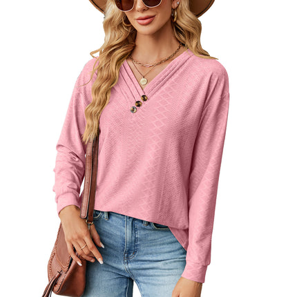 Women's Autumn and Winter Solid Color V-Neck Button Jacquard Loose Sleeve T Shirt Long Sleeve Fashion T Shirt