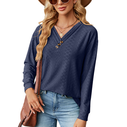 Women's Autumn and Winter Solid Color V-Neck Button Jacquard Loose Sleeve T Shirt Long Sleeve Fashion T Shirt