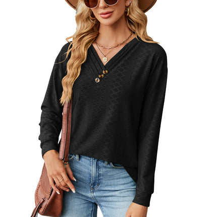 Women's Autumn and Winter Solid Color V-Neck Button Jacquard Loose Sleeve T Shirt Long Sleeve Fashion T Shirt