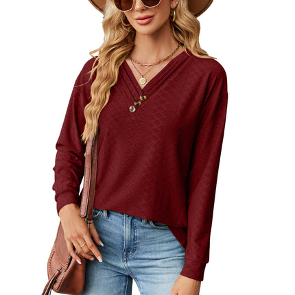 Women's Autumn and Winter Solid Color V-Neck Button Jacquard Loose Sleeve T Shirt Long Sleeve Fashion T Shirt