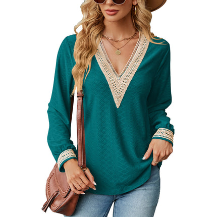 Women's Autumn and Winter Lace Splicing V-neck Sweatshirt Women's T Shirt Long Sleeve Casual Color Blocking Loose Shirt