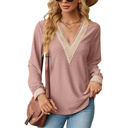 Women's Autumn and Winter Lace Splicing V-neck Sweatshirt Women's T Shirt Long Sleeve Casual Color Blocking Loose Shirt