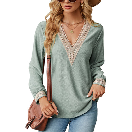 Women's Autumn and Winter Lace Splicing V-neck Sweatshirt Women's T Shirt Long Sleeve Casual Color Blocking Loose Shirt