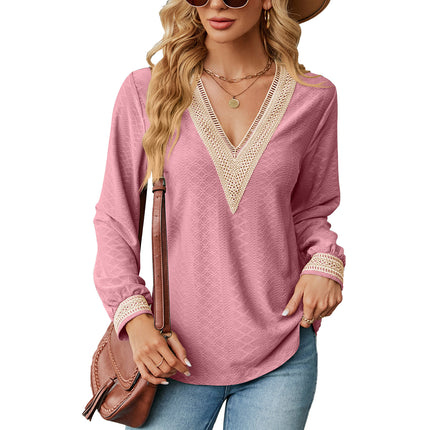 Women's Autumn and Winter Lace Splicing V-neck Sweatshirt Women's T Shirt Long Sleeve Casual Color Blocking Loose Shirt