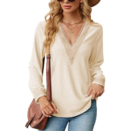 Women's Autumn and Winter Lace Splicing V-neck Sweatshirt Women's T Shirt Long Sleeve Casual Color Blocking Loose Shirt