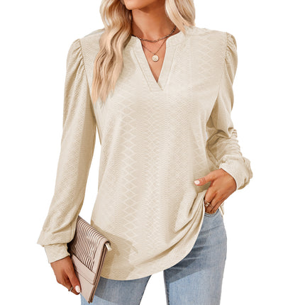 Women's Notch V Neck Jacquard Sweater Shirt Casual Long Sleeve Elegant Sweatshirt Loose Knit Pullover Top