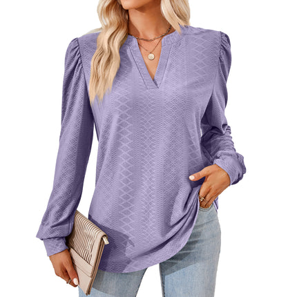 Women's Notch V Neck Jacquard Sweater Shirt Casual Long Sleeve Elegant Sweatshirt Loose Knit Pullover Top