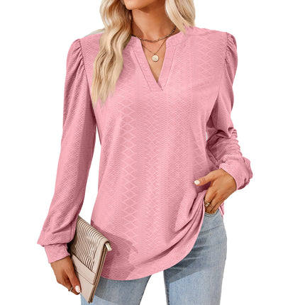 Women's Notch V Neck Jacquard Sweater Shirt Casual Long Sleeve Elegant Sweatshirt Loose Knit Pullover Top