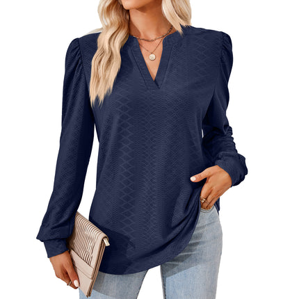 Women's Notch V Neck Jacquard Sweater Shirt Casual Long Sleeve Elegant Sweatshirt Loose Knit Pullover Top