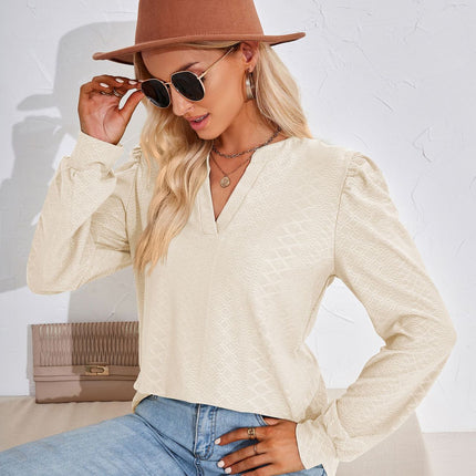 Women's Notch V Neck Jacquard Sweater Shirt Casual Long Sleeve Elegant Sweatshirt Loose Knit Pullover Top