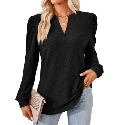 Women's Notch V Neck Jacquard Sweater Shirt Casual Long Sleeve Elegant Sweatshirt Loose Knit Pullover Top