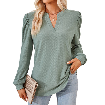 Women's Notch V Neck Jacquard Sweater Shirt Casual Long Sleeve Elegant Sweatshirt Loose Knit Pullover Top