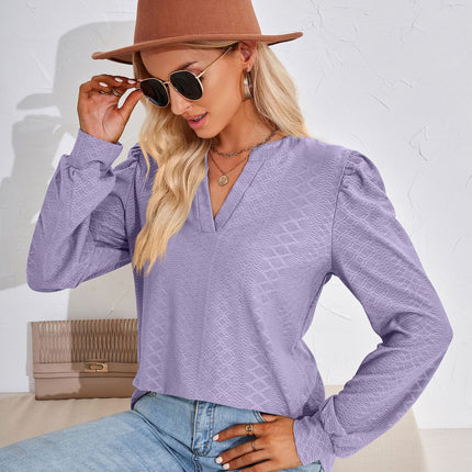 Women's Notch V Neck Jacquard Sweater Shirt Casual Long Sleeve Elegant Sweatshirt Loose Knit Pullover Top