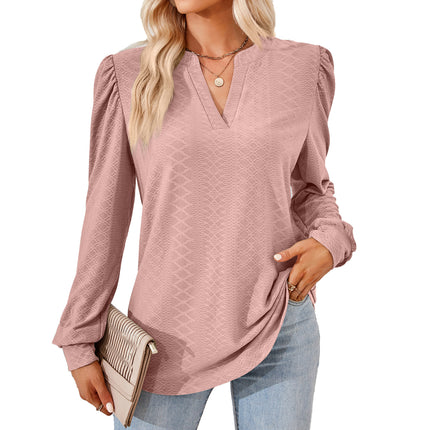 Women's Notch V Neck Jacquard Sweater Shirt Casual Long Sleeve Elegant Sweatshirt Loose Knit Pullover Top