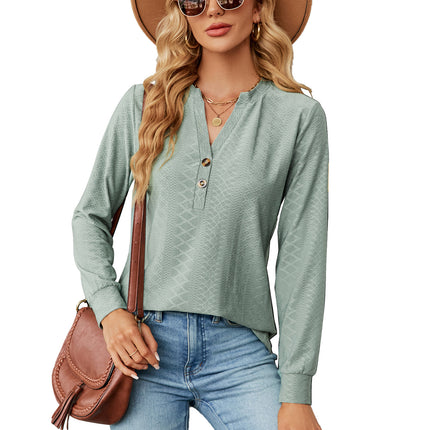 Women's Autumn and Winter Solid Color V-neck Button Jacquard Loose Sleeve T Shirt Tops Long Sleeve Women's Shirt