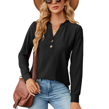 Women's Autumn and Winter Solid Color V-neck Button Jacquard Loose Sleeve T Shirt Tops Long Sleeve Women's Shirt