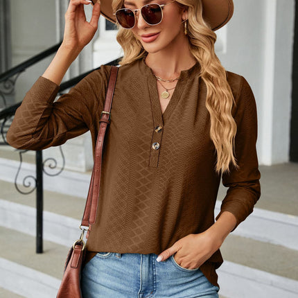 Women's Autumn and Winter Solid Color V-neck Button Jacquard Loose Sleeve T Shirt Tops Long Sleeve Women's Shirt