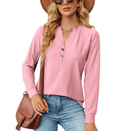 Women's Autumn and Winter Solid Color V-neck Button Jacquard Loose Sleeve T Shirt Tops Long Sleeve Women's Shirt