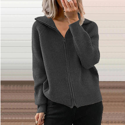 Women's Autumn and Winter Striped Casual Jacket Loose Knit Sweater Zipper Cardigan Long Sleeve Lapel Sweater