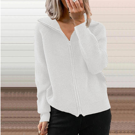 Women's Autumn and Winter Striped Casual Jacket Loose Knit Sweater Zipper Cardigan Long Sleeve Lapel Sweater