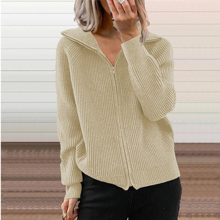 Women's Autumn and Winter Striped Casual Jacket Loose Knit Sweater Zipper Cardigan Long Sleeve Lapel Sweater