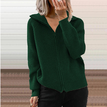 Women's Autumn and Winter Striped Casual Jacket Loose Knit Sweater Zipper Cardigan Long Sleeve Lapel Sweater