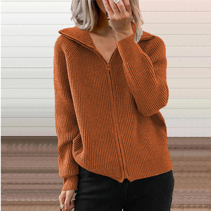 Women's Autumn and Winter Striped Casual Jacket Loose Knit Sweater Zipper Cardigan Long Sleeve Lapel Sweater